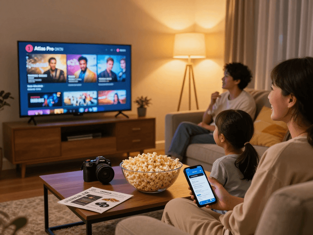 Regardez Atlas pro ontv en famille avec une télévision intelligente dans un salon chaleureux