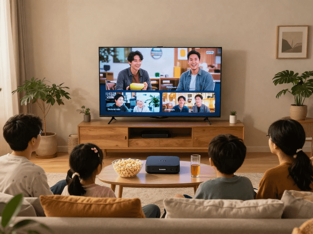 Une famille regardant Atlas pro ontv dans un salon moderne, ambiance chaleureuse