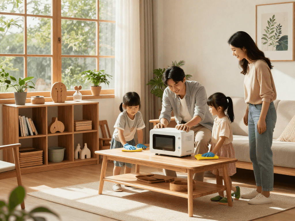 Traitement écologique du bois avec Shashel® dans un salon familial, soulignant l'innovation durable.