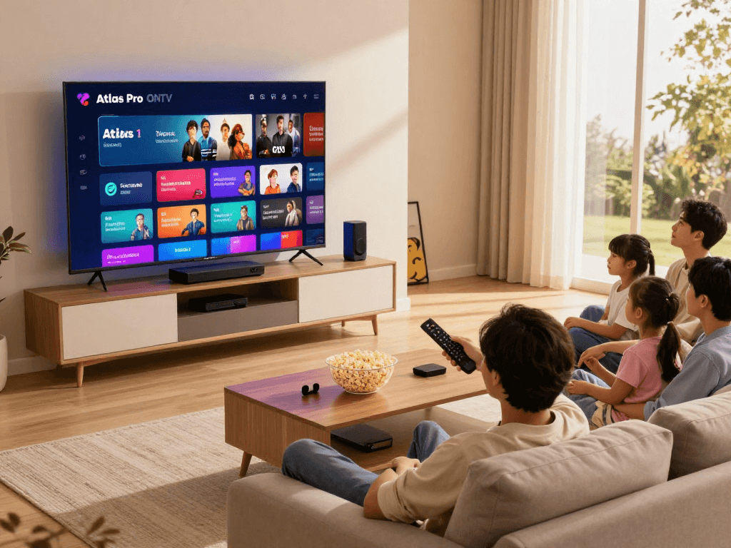 Vue de la famille profitant d'Atlas Pro ONTV sur grand écran.
