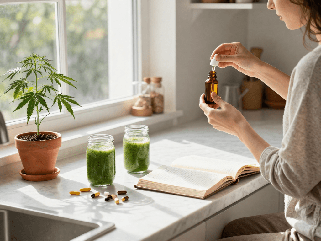 Casinos en ligne et CBD : personne prenant de l'huile de CBD en étant entourée de plantes, vitamine et smoothie dans un cadre serein.
