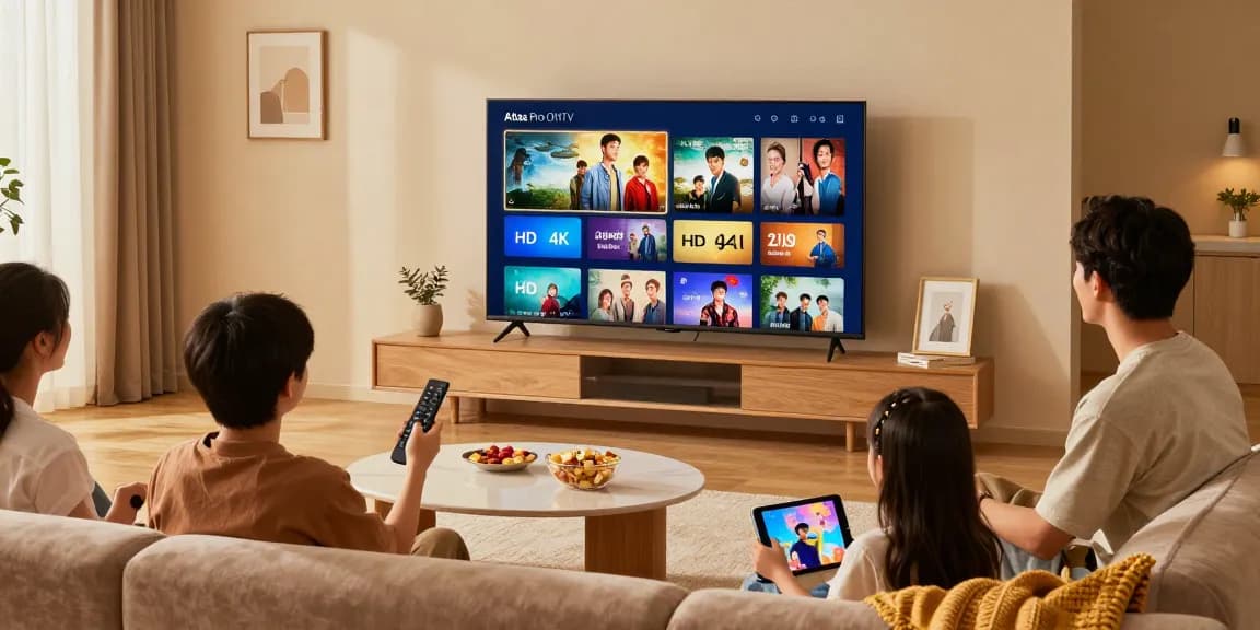 Une famille profite d'Atlas pro ontv, regardant des séries en qualité HD dans un salon moderne.