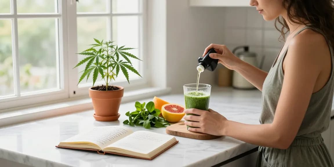Les casinos en ligne avec CBD affichent des produits organiques comme l'huile de CBD et des plantes saines dans une cuisine lumineuse.