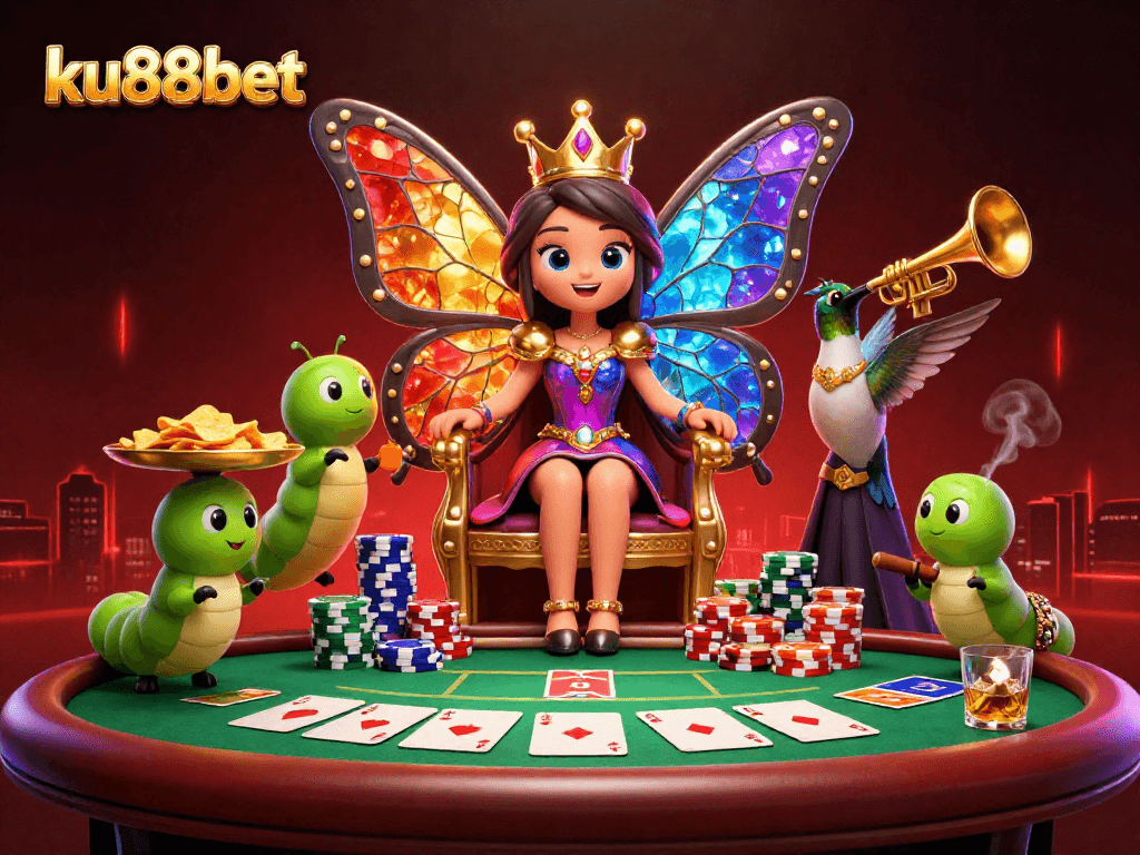 Experience ku88bet's vibrant casino realm with a stunning 3D illustration showcasing thrilling poker action.
