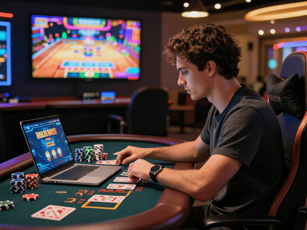 Joueur dans un nouveau casino en ligne avec ordinateur, éclairage coloré et ambiance moderne.