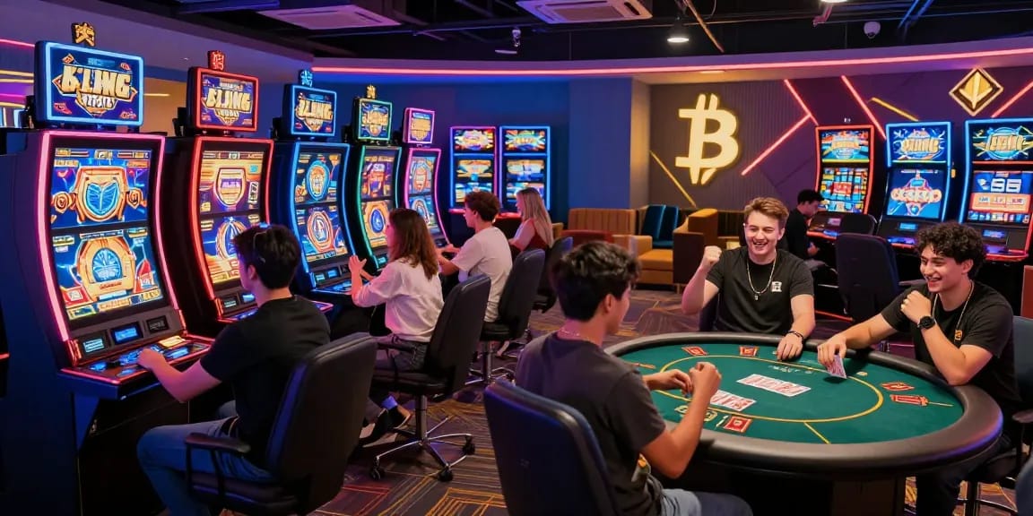 Scène d'un crypto casino sans KYC moderne avec joueurs heureux aux machines à sous et à la table de poker.