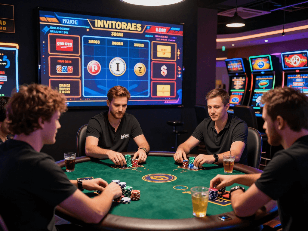 Scène de casino en ligne avec retrait instantané, joueurs interactifs gagnant des gains en crypto-monnaies dans une ambiance festive.