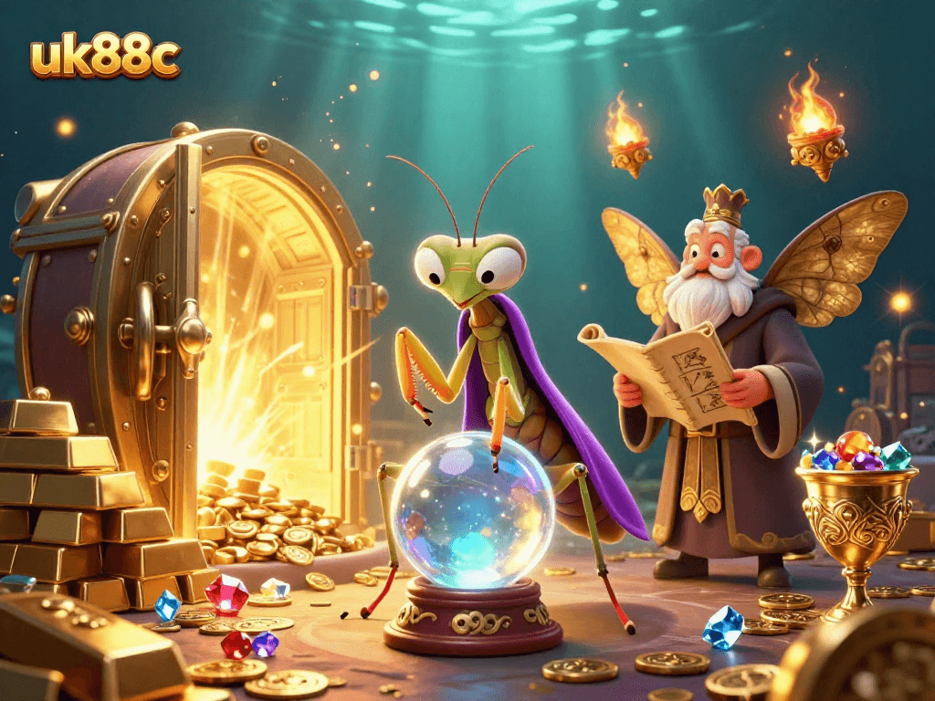 uk88c reveals fortune with a mystical fortune teller and librarian amid treasure in a dynamic casino scene