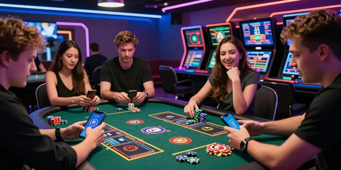 Joueurs engagés dans un casino en crypto avec des smartphones, une ambiance festive et des lumières néon.