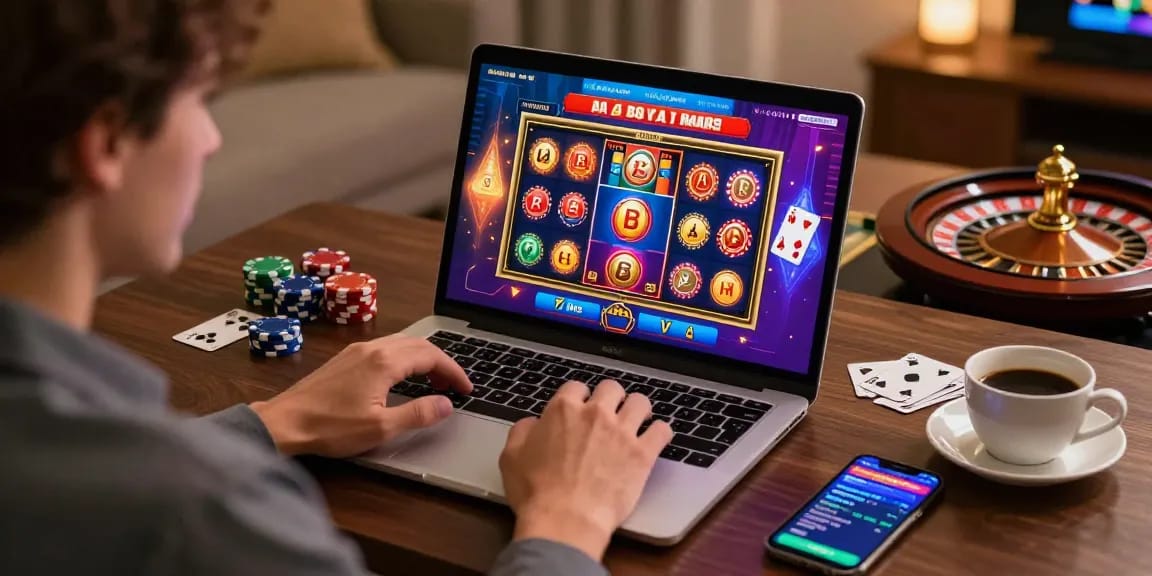 Joueur sur casinos en ligne avec un ordinateur portable et une ambiance accueillante.