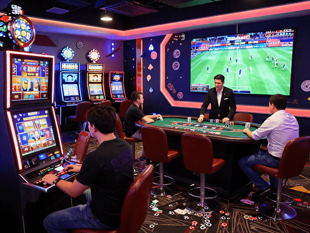 Casino en ligne avec joueurs engagés, machines à sous et ambiance festive.