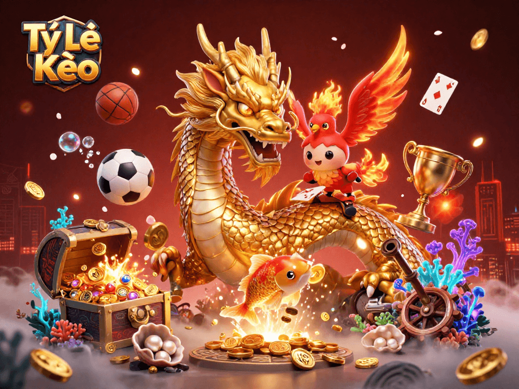 Engage with Tỷ Lệ Kèo opportunities featuring a dynamic scene with mythical creatures and sports elements.
