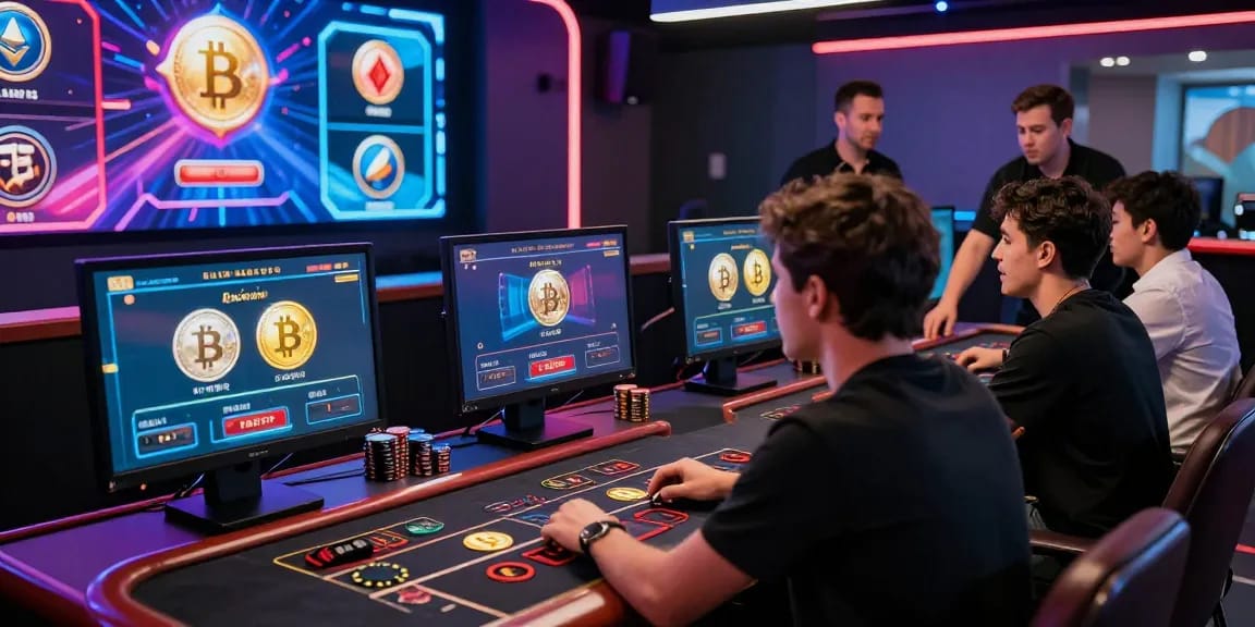 Scène de casino crypto retrait instantané avec joueurs captivés par leurs gains et les interfaces de jeux sur des écrans modernes.