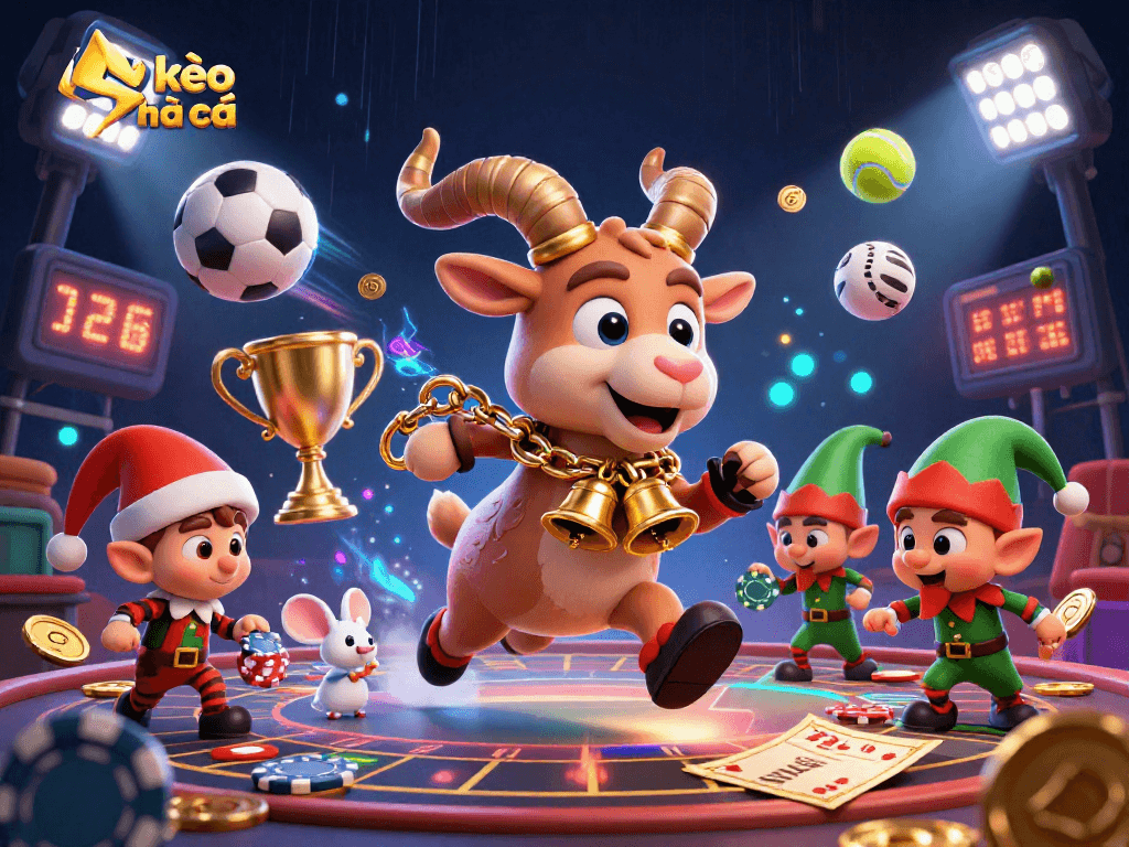 Experience kèo nhà cái with this festive 3D illustration featuring a Krampus goat running a casino.