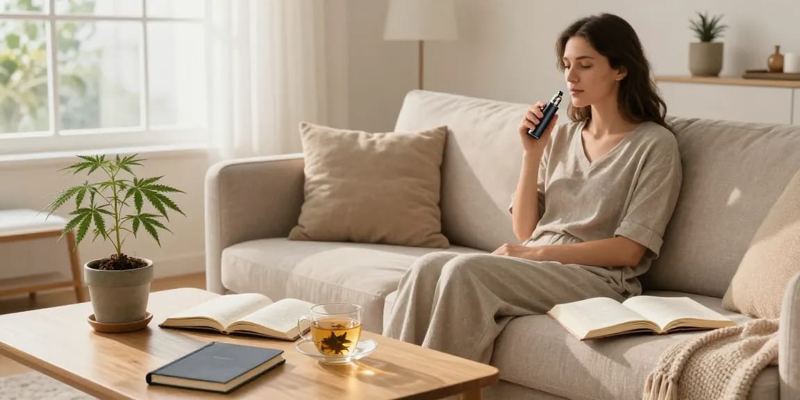 Moment de bien-être avec des casinos en ligne et du CBD, femme utilisant un dispositif de vapotage dans un salon lumineux, entourée de plantes et d'objets de bien-être.