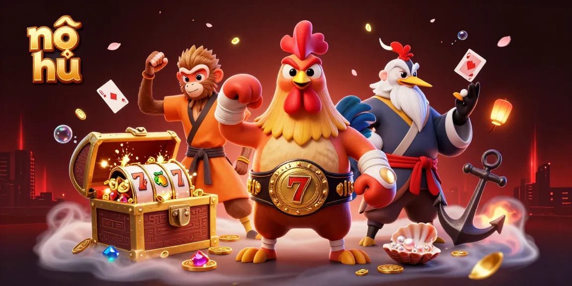 Spin the nổ hũ slots with vibrant 3D characters in a treasure-filled casino scene.