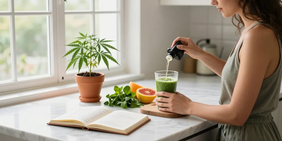 Les casinos en ligne avec CBD affichent des produits organiques comme l'huile de CBD et des plantes saines dans une cuisine lumineuse.