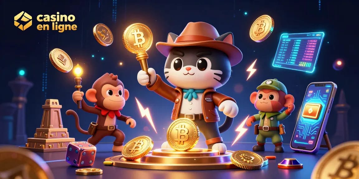Découvrez le meilleur casino en ligne avec un chat explorateur et un singe, entourés d'éléments de crypto-monnaie.
