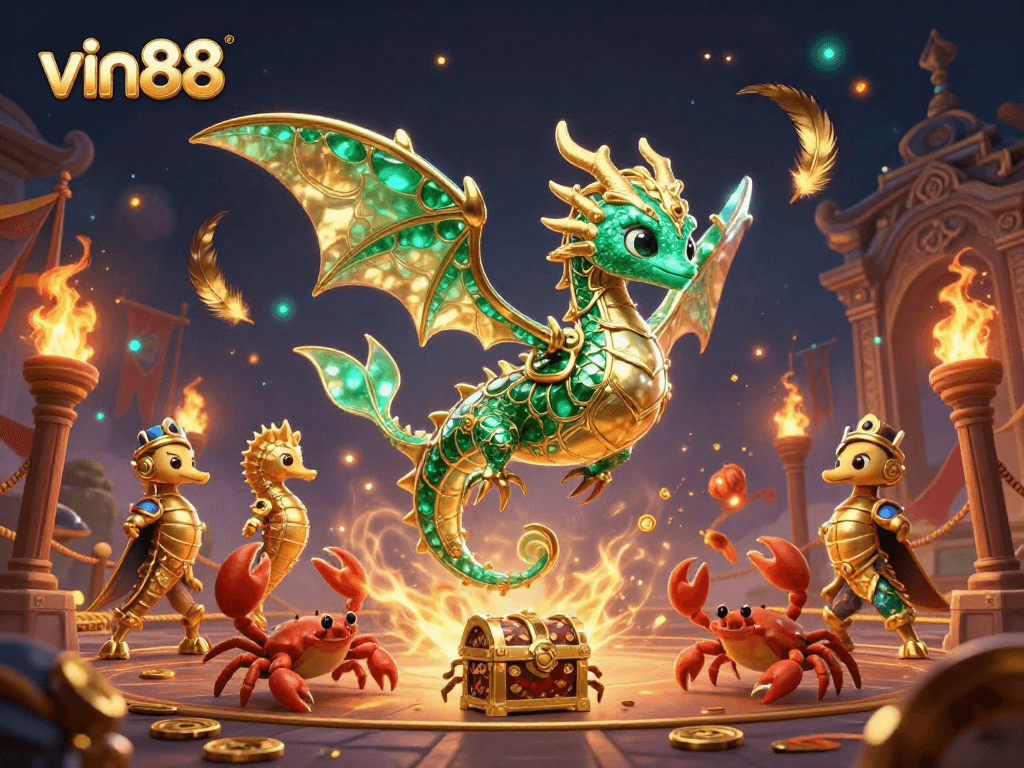Experience thrilling gameplay at vin88 with a majestic sea dragon and treasure-filled scene.