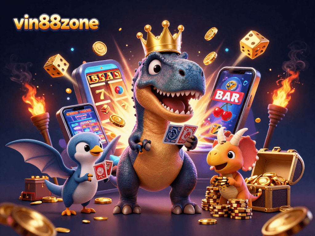 Witness exciting gameplay with vin88zone as a T-Rex shuffles cards while vibrant casino elements explode around!