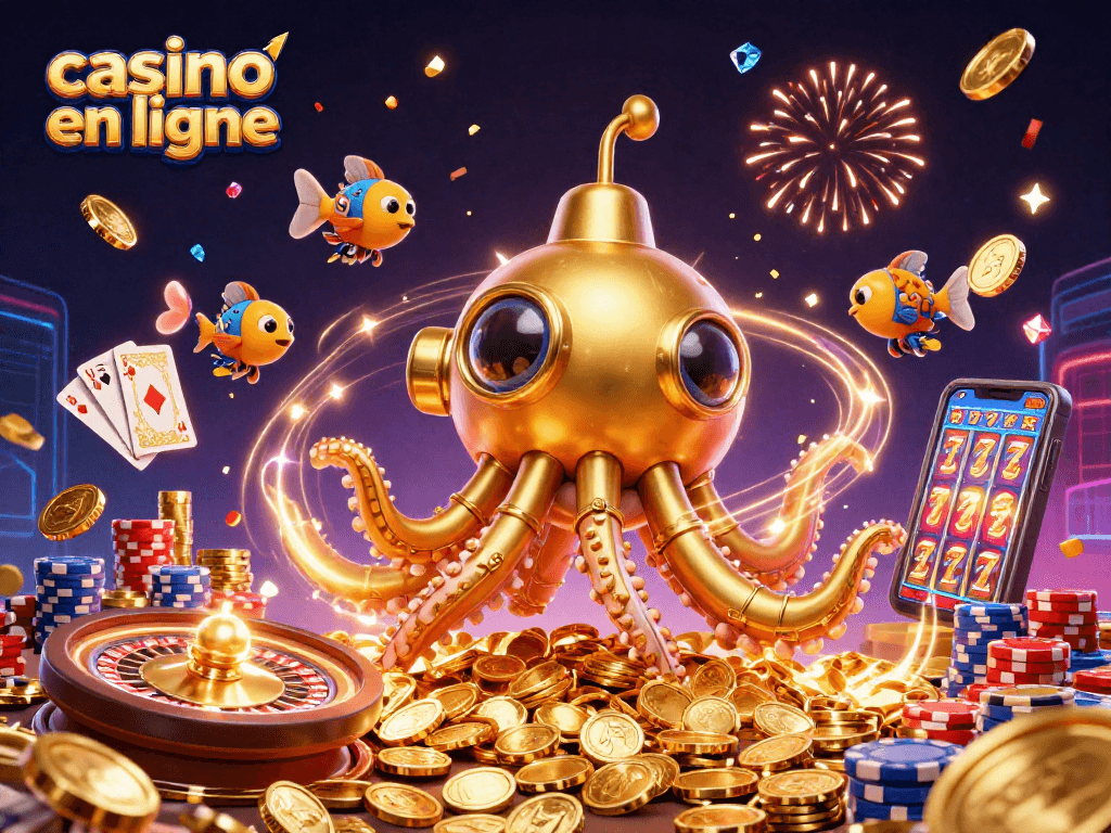 Découvrez le casino en ligne avec un kraken doré et des jeux captivants entourés de pièces tombantes.