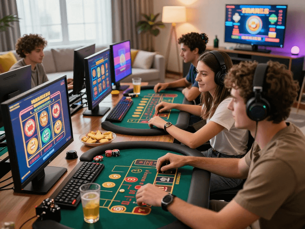 Amis jouant aux casinos en ligne dans un salon moderne, ambiance excitante et conviviale.
