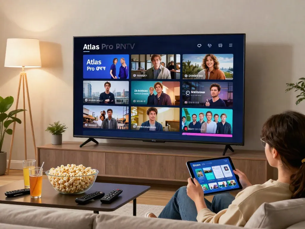 Un utilisateur explorant l'application Atlas Pro ONTV sur sa tablette dans un salon confortable.