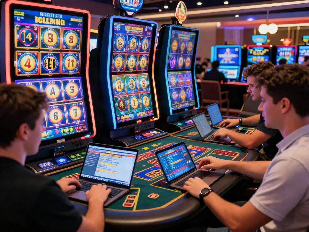 Joueurs profitant des jeux de casino français en ligne sur leurs appareils, ambiance festive et lumineuse.