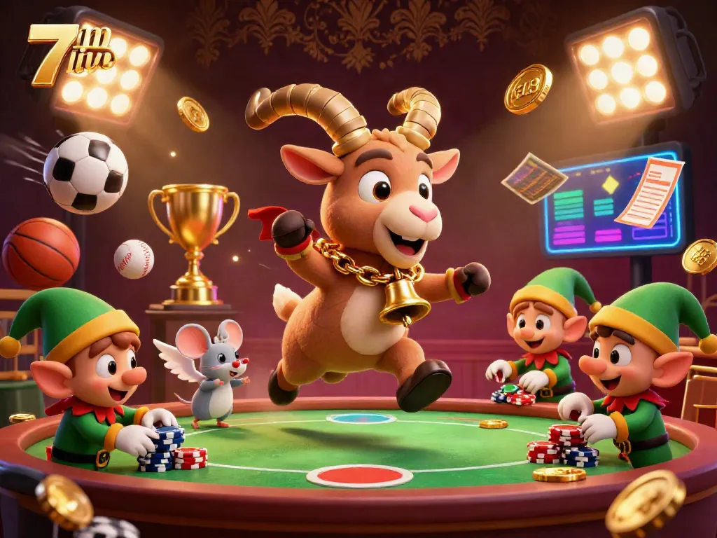 Experience the thrill of 7m live sports at an animated casino with characters stealing chips and sports balls flying.