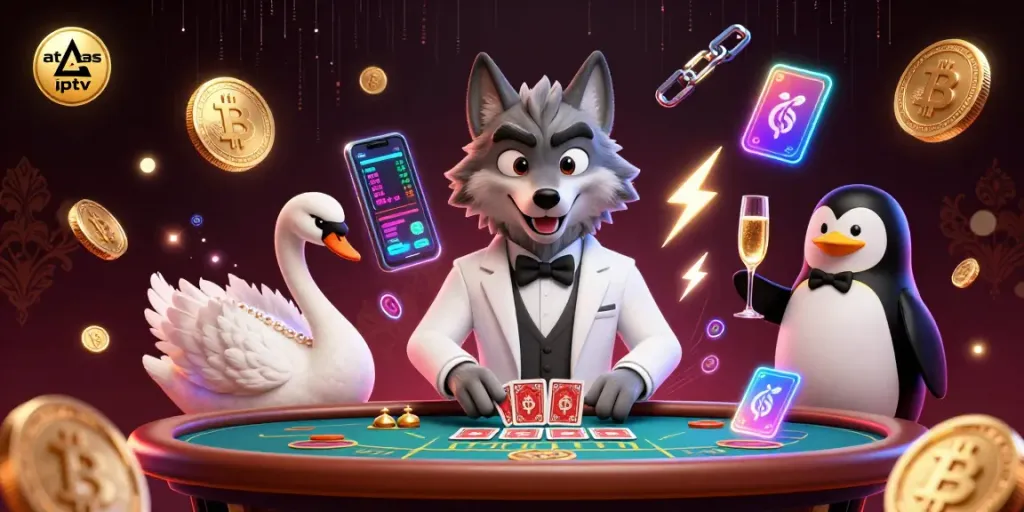 Plongez dans l'univers d'atlas iptv avec notre illustration animée de joueurs au casino, mettant en avant la stratégie gagnante.