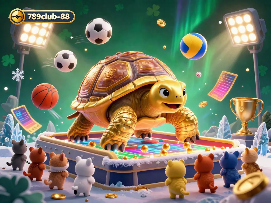 Engage with thrilling games at 789club-88 featuring a golden tortoise pinball machine in a vibrant casino scene.