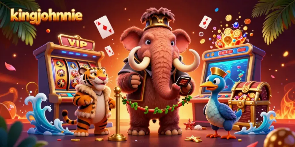 Experience thrilling wins at kingjohnnie with vibrant 3D casino illustration featuring diverse characters.