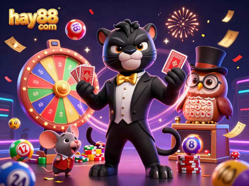 Win big with Hay88 com in this vibrant 3D casino scene featuring playful characters and exciting gambling elements.