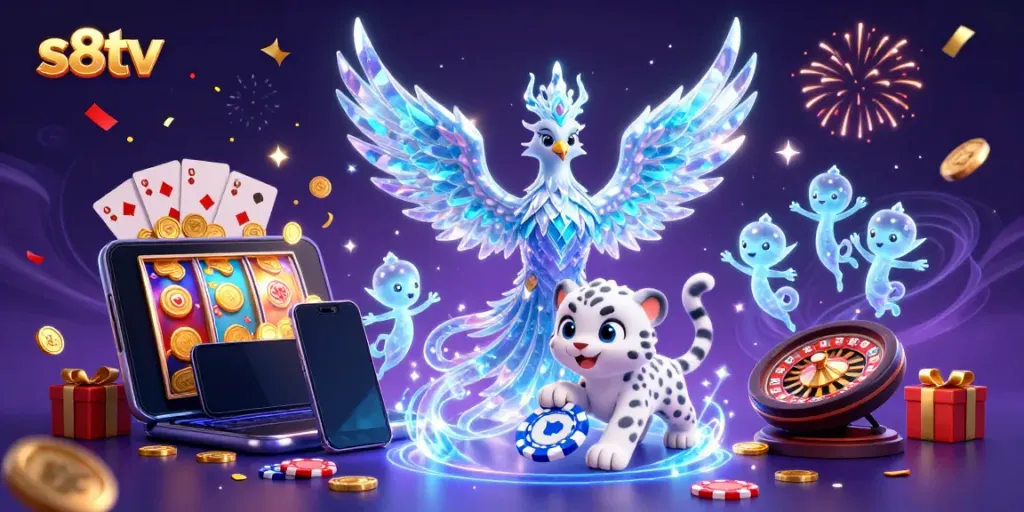S8tv players spin slot games and win with vibrant casino-themed illustration featuring a phoenix, snow leopard, and ice sprites.