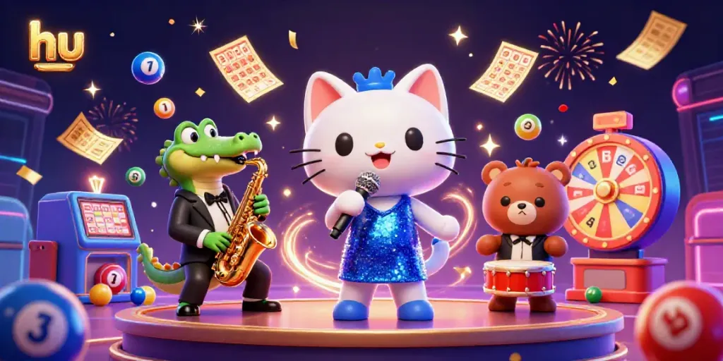Experience exhilarating gaming with hu - lively scene of jazz-singer cat, crocodile, and bear cub in casino setting.