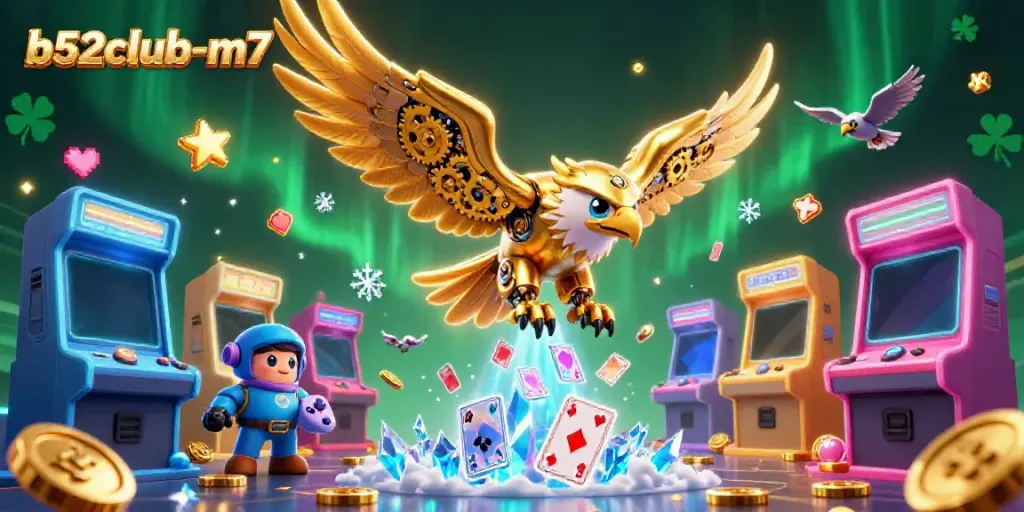 Experience thrilling gameplay with b52club-m7's dynamic casino graphic featuring a golden eagle and vibrant arcade elements.