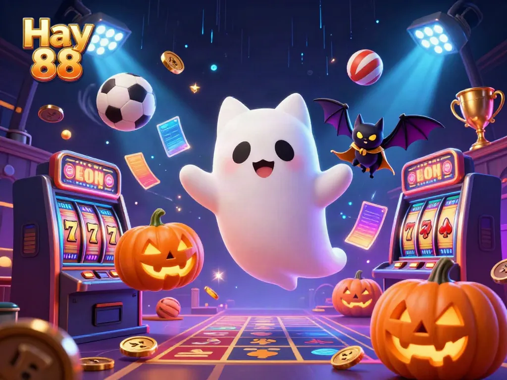 Engage in thrilling casino adventures with Hay 88's ghost cat and vampire bat amidst neon lights.