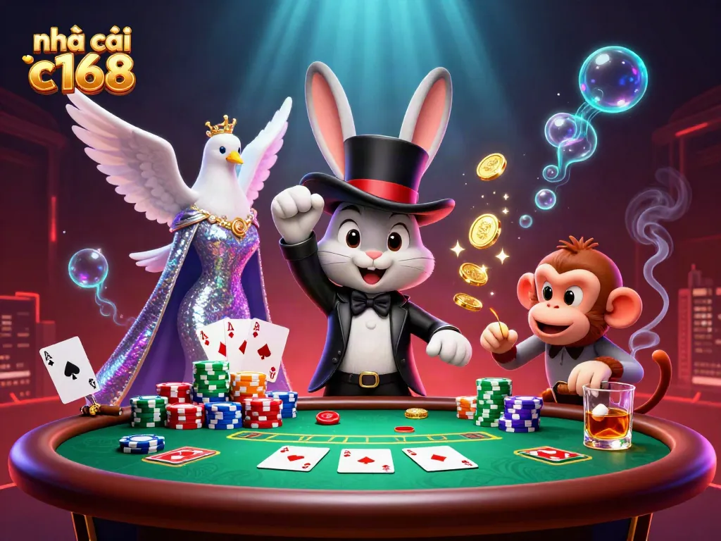 Experience excitement at nhà cái c168 with a lively 3D casino scene featuring charming characters.