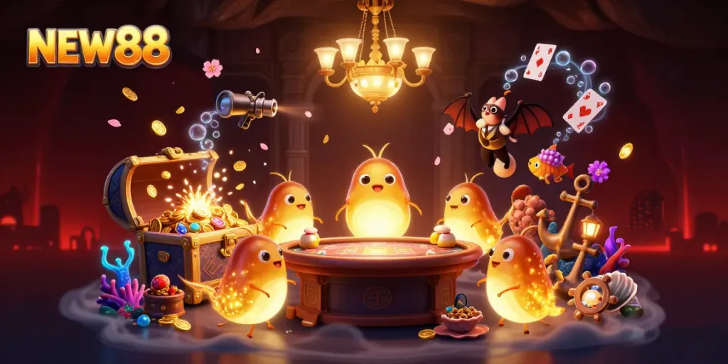Experience the thrill at NEW88's animated cave casino with glowing characters and treasure elements.