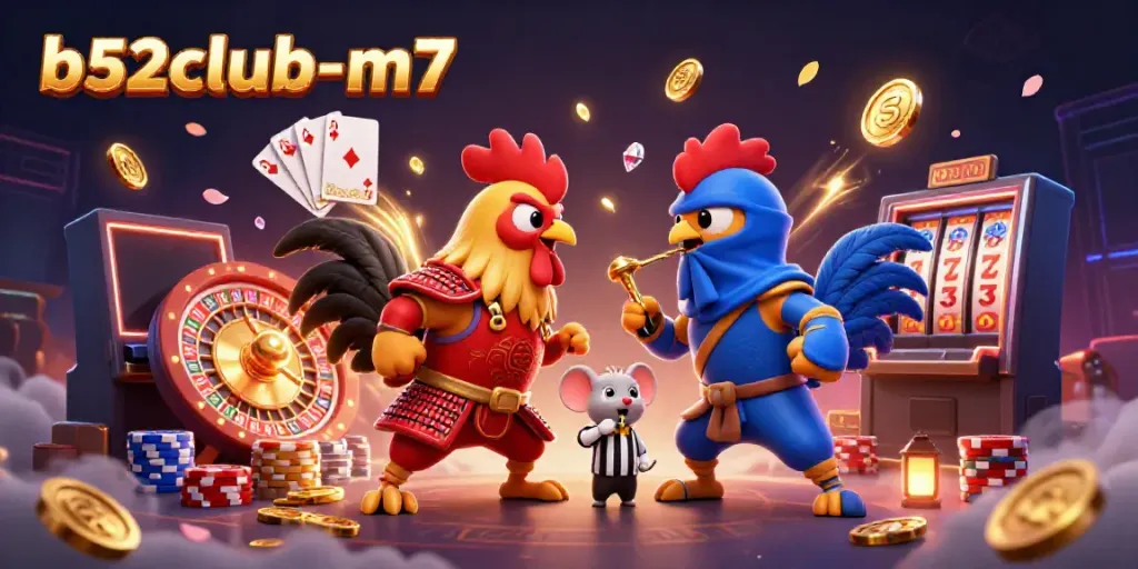 Engage with thrilling b52club-m7 cockfighting action featuring iconic characters and festive casino elements.