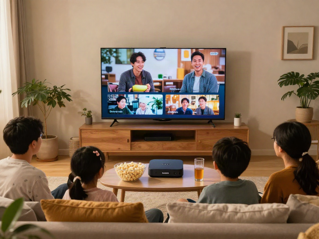 Une famille regardant Atlas pro ontv dans un salon moderne, ambiance chaleureuse
