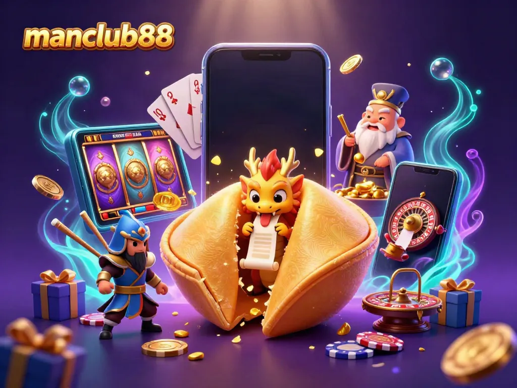 Engage with manclub88 through vibrant 3D scene featuring a golden fortune cookie and dynamic gaming elements.
