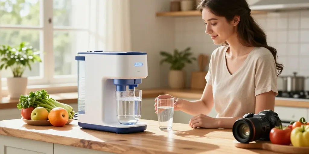 Filtration d'eau par osmose inverse dans une cuisine moderne avec une femme remplissant un verre.