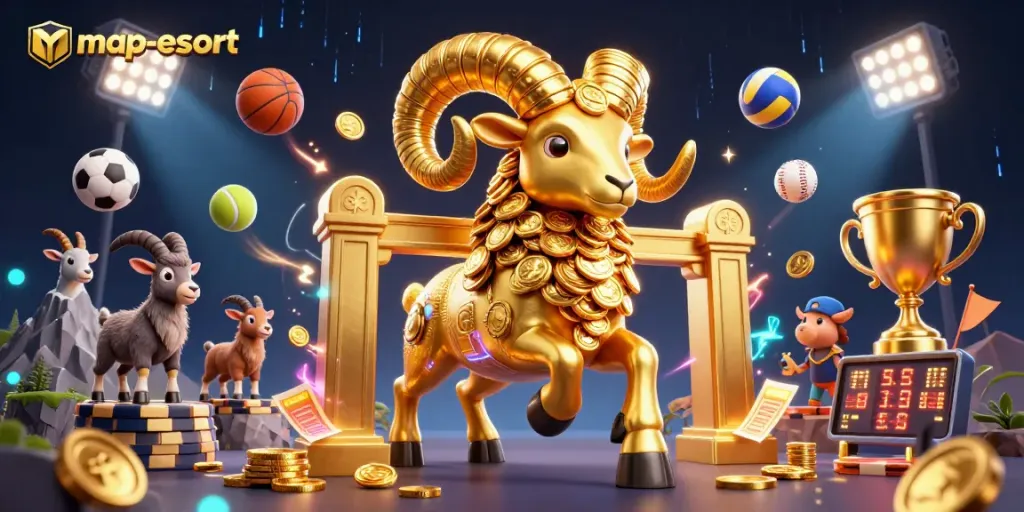 map-escort showcasing an energetic scene with golden ram character and sports elements, emphasizing dynamic gambling action.