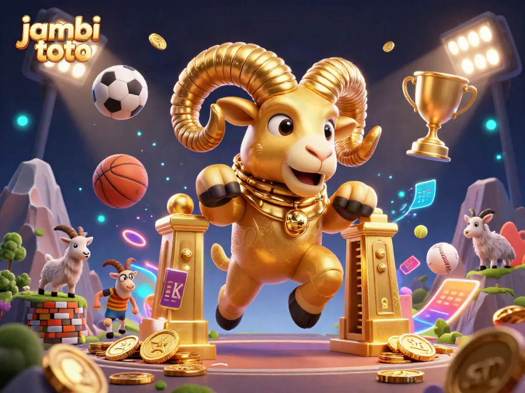 Experience the thrill of jambi toto with a massive golden ram symbolizing jackpot excitement and dynamic sports elements.