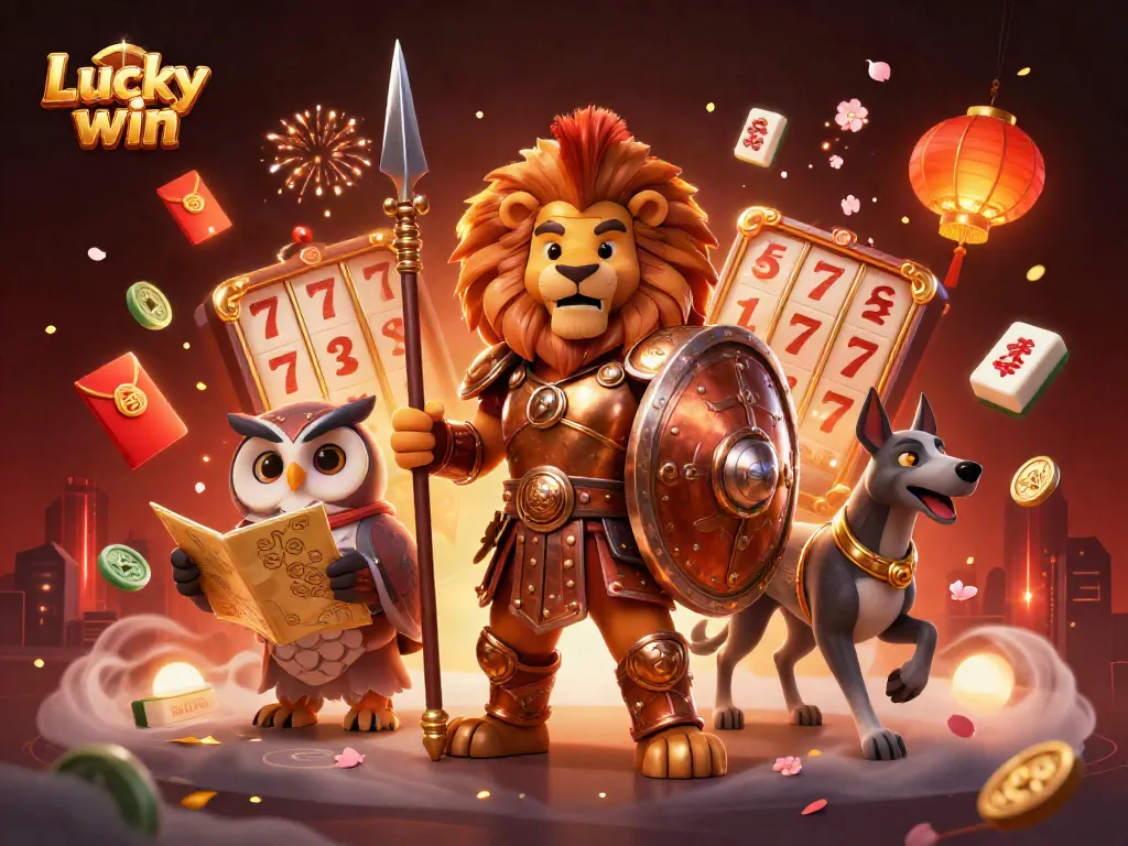 Engage with Lucky win in this vibrant 3D illustration featuring dynamic casino elements and a captivating scene.