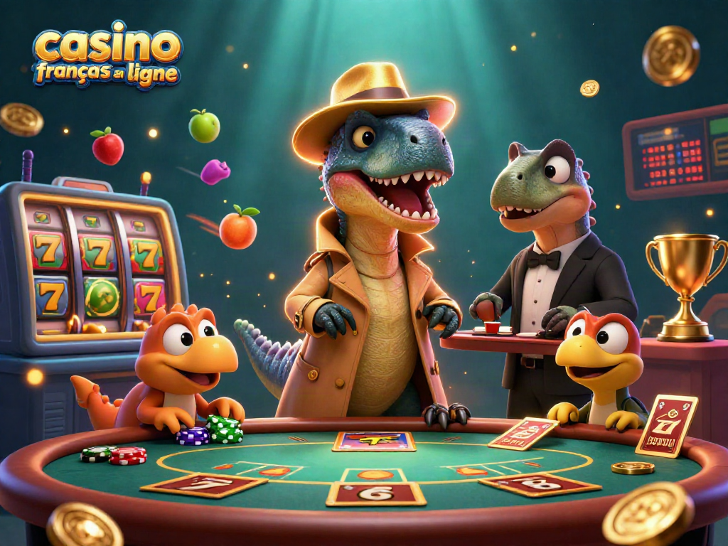 Casino français en ligne : illustration d'un vélociraptor et autres personnages dans un casino animé.