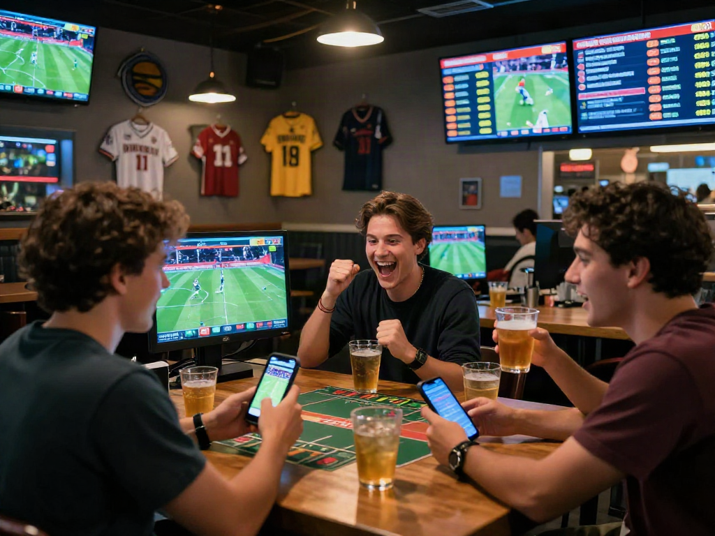 Meilleur site de pari sportif dans une ambiance de bar sportif, amis placent des paris sur des événements en direct.