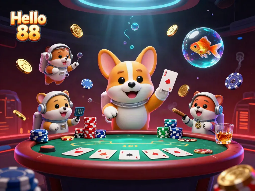 Experience engaging casino action at Hello 88 with a vibrant 3D illustration of floating characters and chips.