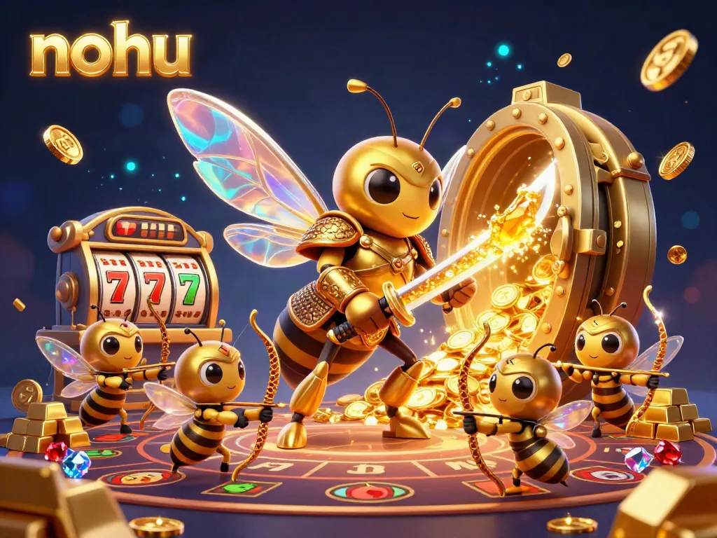 Spin the nohu jackpot with a vibrant scene of a golden hornet and bee archers amidst sparkling treasures.